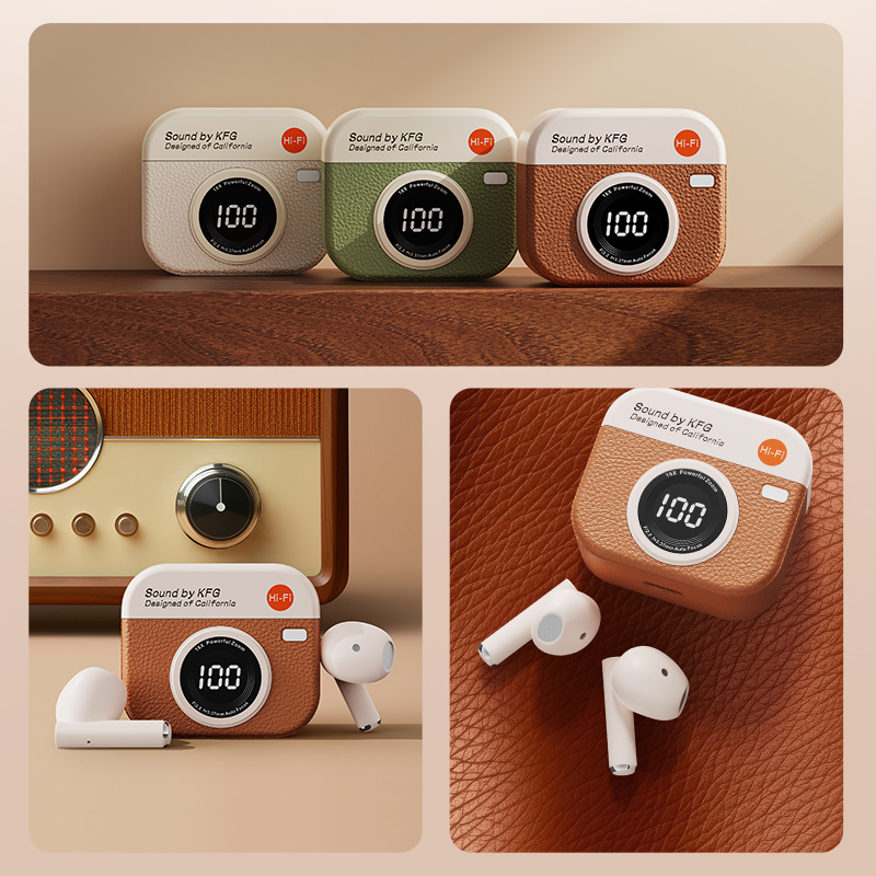Q86 Retro Camera Leather Good Wireless Earbuds Semi-In-Ear Earphones with Screen Digital Display and Gaming Low Latency