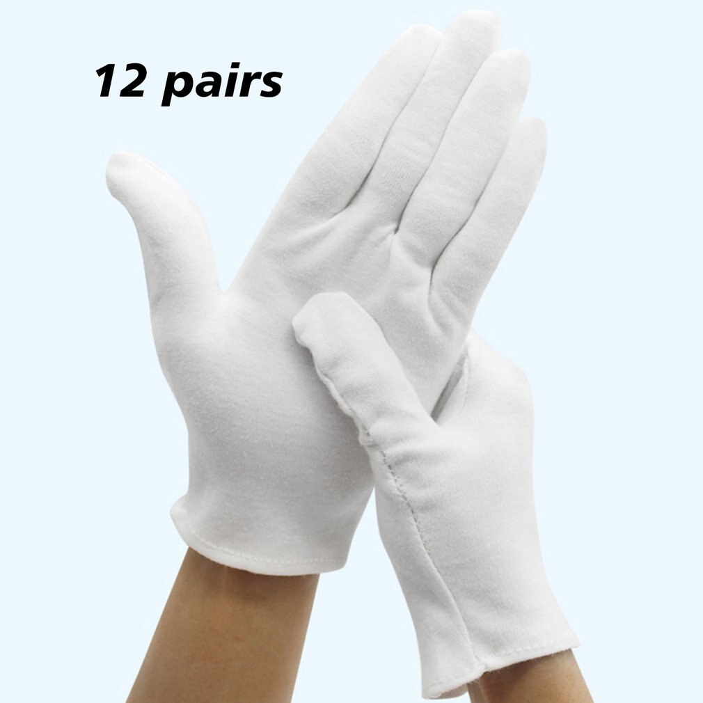 Guantes de protección para el trabajo, manoplas blancas de algodón, para joyería, reconocimiento, limpieza del hogar, jardinería, suministros de etiqueta, 12 pares: B one size