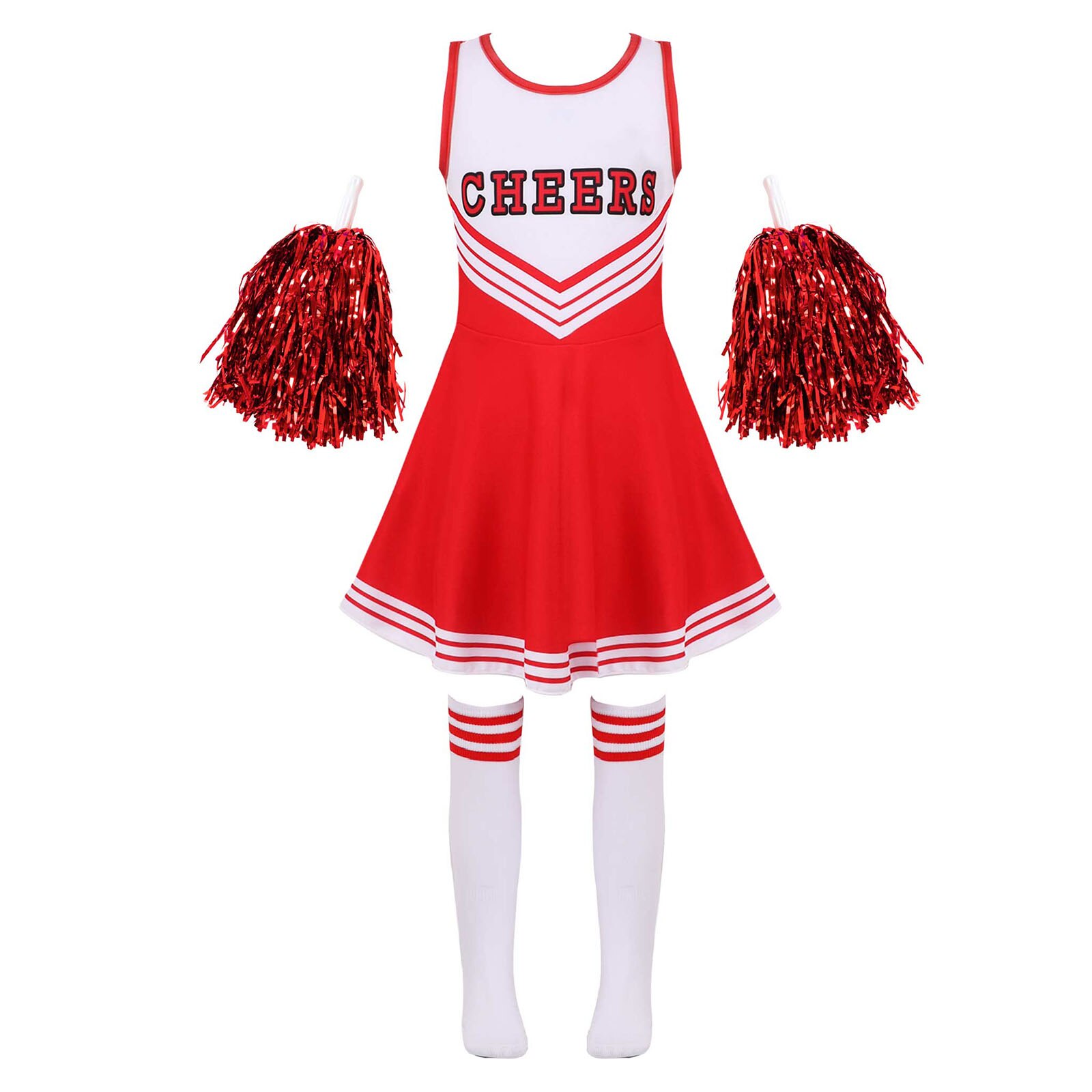 Kids Girls Cheerleading Uniform Dance Costume leeveless Round Neckline Letter Print Dance Dress Cheerleading Flower and Socks: Red / 140