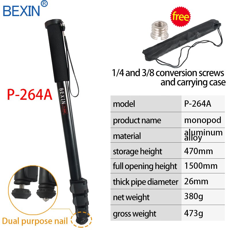 BEXIN portable lightweight 47cm monopod aluminum camera stand P-264 witn phone clip for dslr camera Video