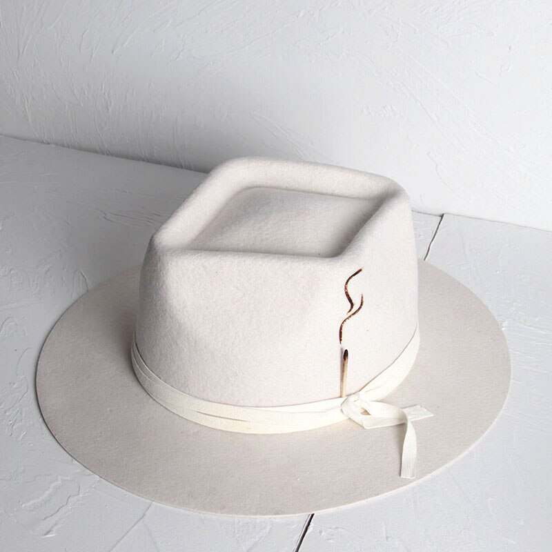 100% Wol Vrouwen Wit Fedora Hoed Met Wedstrijd Brede Rand Jazz Hoed Lady Vilt Kerk Hoed Maat 56-58cm
