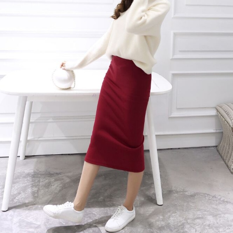 faldas de invierno Sexy Chic faldas lápiz lana Rib Knit falda con cintura elástica Paquete de división de cadera Midi falda Maxi Vintage