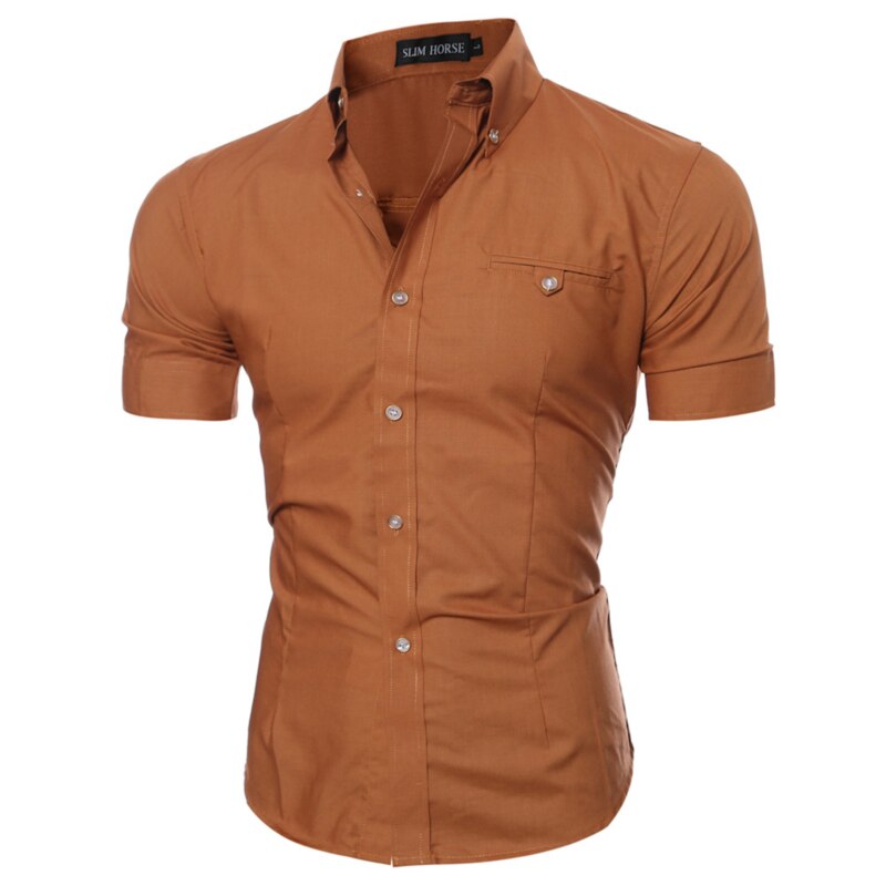 Camisa Social de verano para hombre, camisa de manga corta, Color sólido, ajustada para negocios,: brown / XXXL