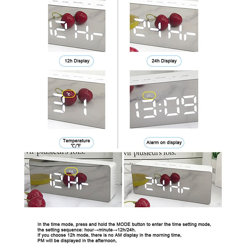 Table Clock Alarm Clock Snooze LED Digital Mirror Clock Time Temperature Large Electronic Display Rectangle Digital Desk Clock