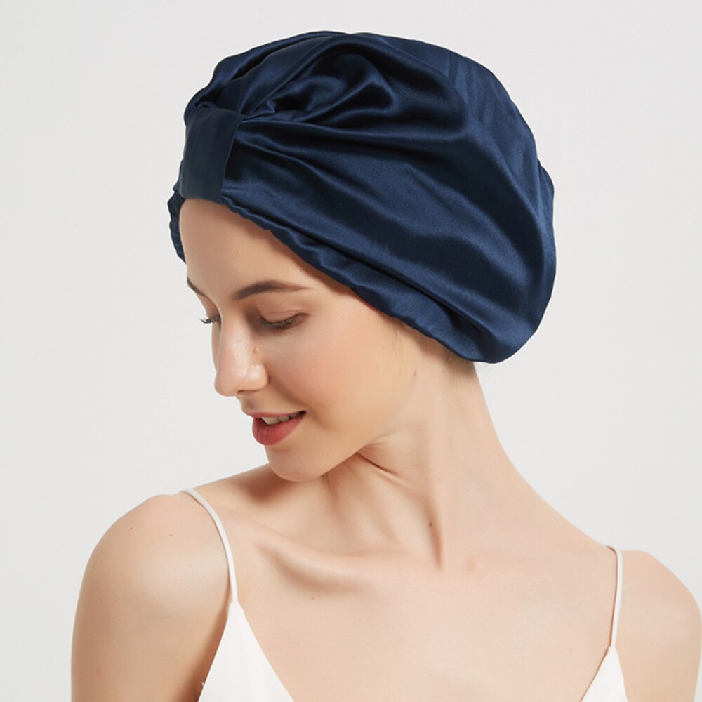 100% Mulberry Silk Sleeping Cap Night Silk Sleeping Bonnet Cover for Women with Elastic Ribbon for Hair Care Long Hair 19 Momme