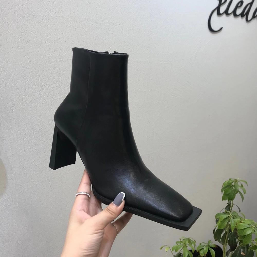 Botas Martin de punta cuadrada para mujer, botines a la con cremallera lateral, estilo romano, de tacón alto grueso para invierno, color blanco y negro