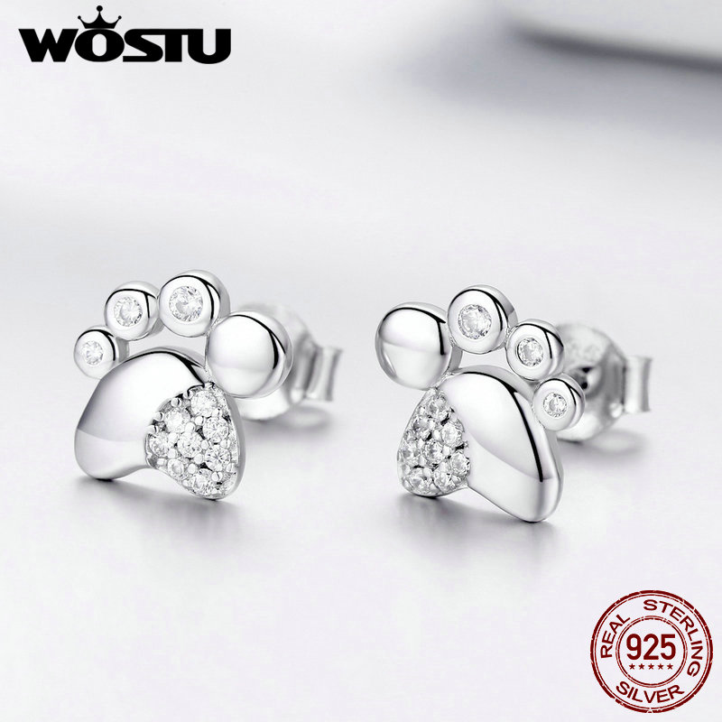 WOSTU 925 Sterling Silver Footprints Dog Paw Small Stud Earrings For Women Wedding Luxury Silver Earrings 925 Jewelry FNE033