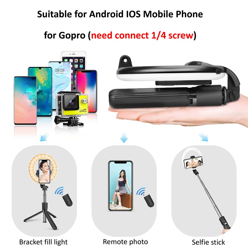 RUZSJ 4 in 1 Selfie LED Ring Light Wireless Bluetooth Selfie Stick Mini treppiedi palmare allungabile Selfie Stick con telecomando