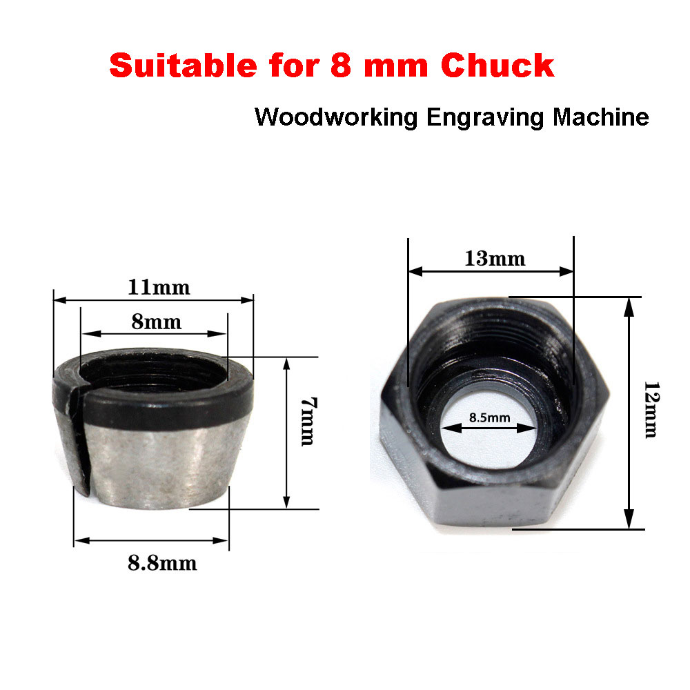 1/4 ''6mm 6.35mm 8mm haste fresa pinça mandril e porca para aparador elétrico de madeira roteador máquina de gravura: 8mm