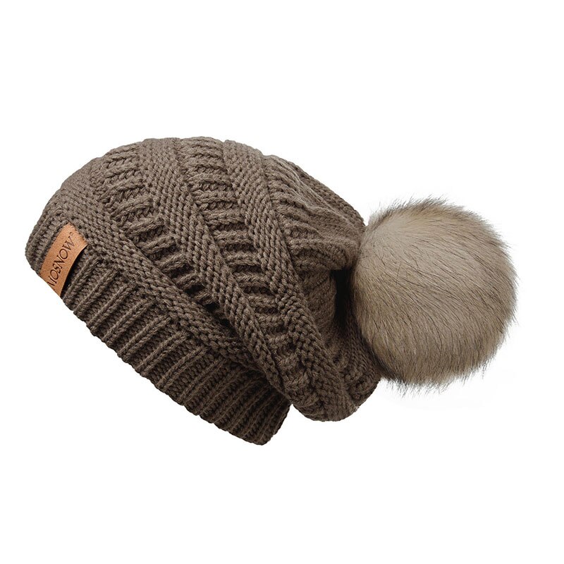 Vinterhue kvinde hue pompon pels pompon hatte skullies afslappet damekasket strikket hue pigehue hunhat: Kaffe