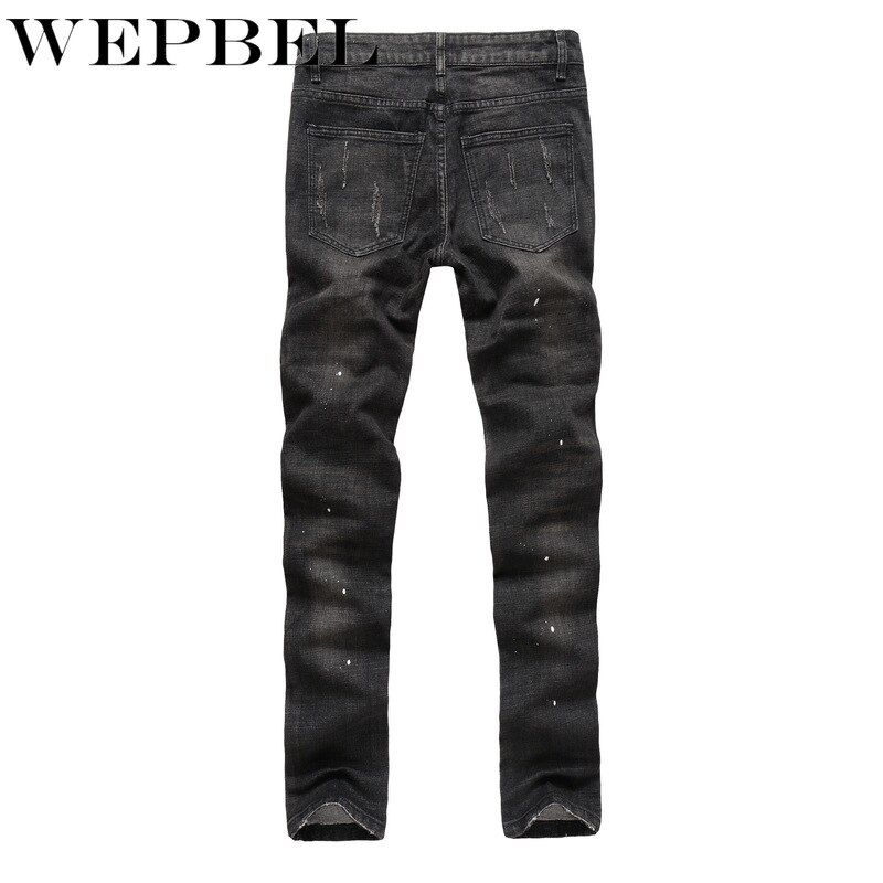 WEPBEL Hip Hop Rock Moto Jeans Mens Distressed Ripped Punk Skinny Stretch Denim Biker Jeans Male Straight Black Pants Plus Size
