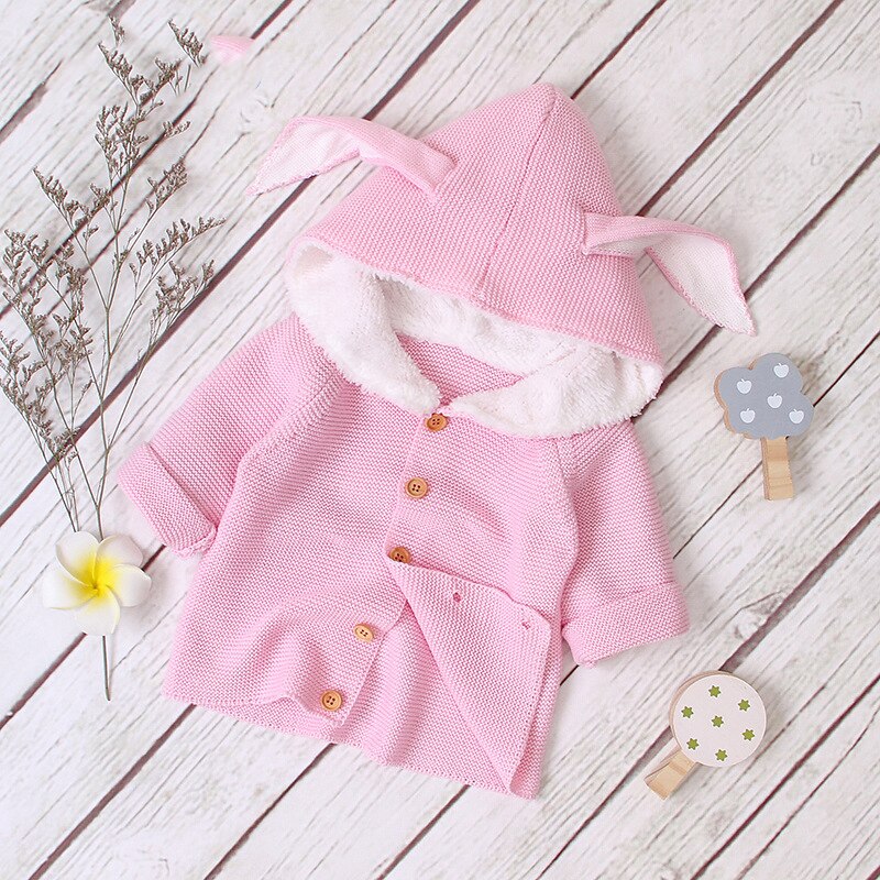 CITRUS Baby Rabbit Ear Hood Sweater Boys Girls Cardigans Autumn Toddler Long Sleeves Knitwear Jackets Winter Children Knit Tops: Pink / 12-18M