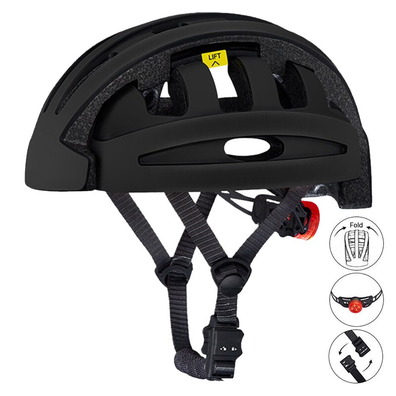 Casco de ciclismo plegable portátil para hombre, para bicicleta de montaña, para Ciudad y carretera, ligero con luz trasera: black