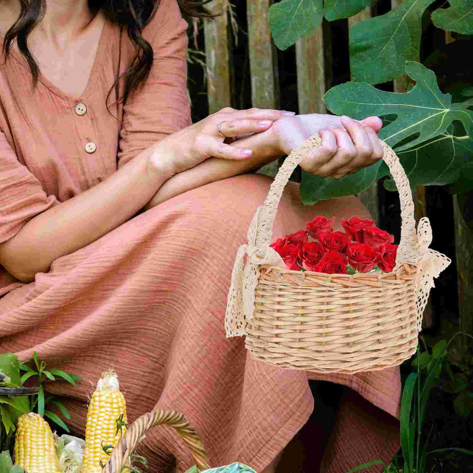 Woven Rattan Basket Storage Bins Flower Home Decor Material Eco Friendly Baskets For Snacks Kitchen Living Room Containers