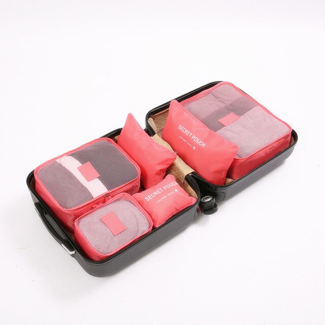 6Pcs/set Travel Luggage Storage Bags Suitcase Packing Set Portable Waterproof Clothes Baggage Cube Cases Organizer bag in bag: Watermelon red