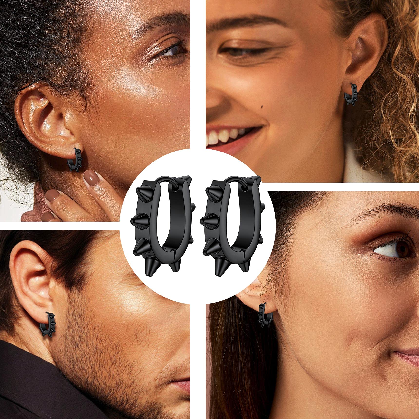 Punk Spike Huggie Hoop Earrings Round/Heart/U Shape Stainless Cartilage Stud Earrings Men Women Cool Gothic Style Chunky Jewelry