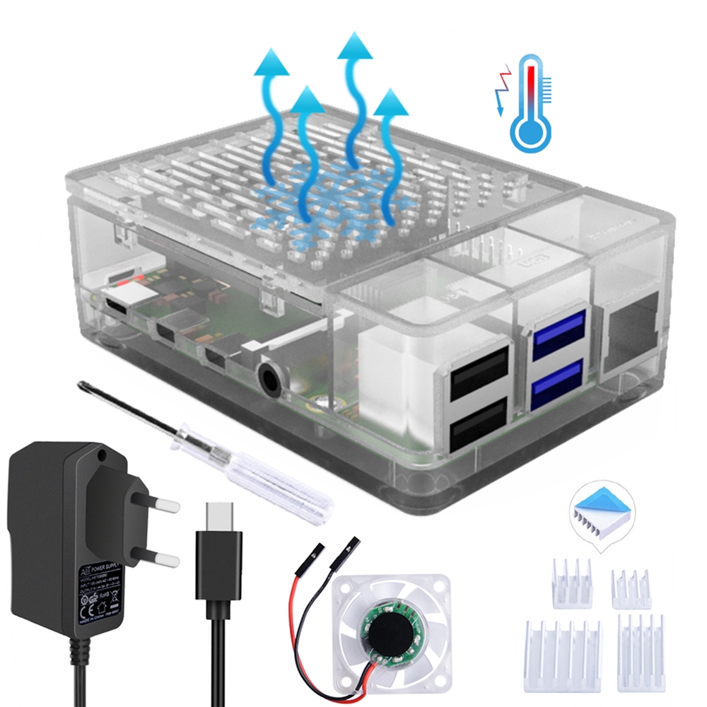 ! ABS Black / White / Clear Case Cover Enclosure Box + Heatsinks + Cooling Fan 5V 3A for Raspberry Pi 4B Pi 4 Model B: Clear with Power