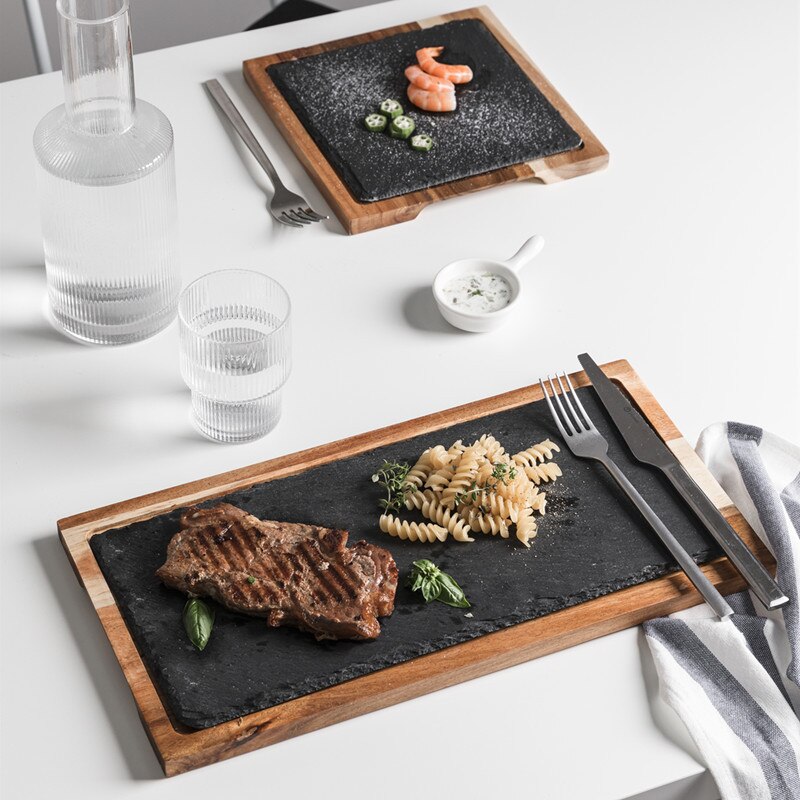 Naturlig træplade med skifer stenbakke køkken sushi bbq plade pad bøf dessert kage bakke køkken fad restaurant forsyninger