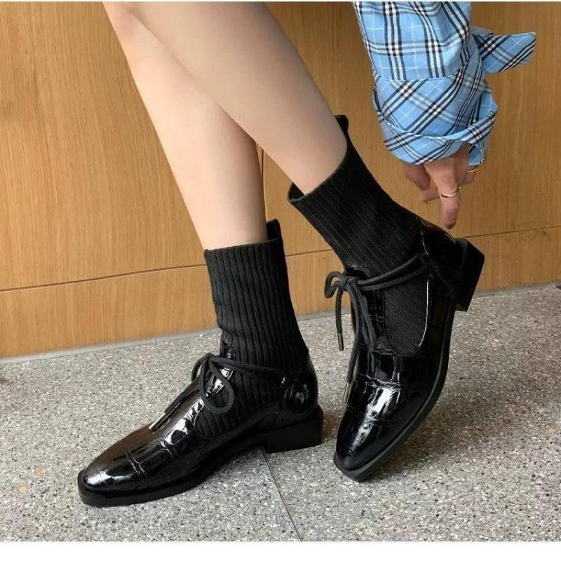 Botines de mujer Retro, zapatos de para mujer, botas a la para mujer, botas de invierno de con punta cuadrada, tela elástica