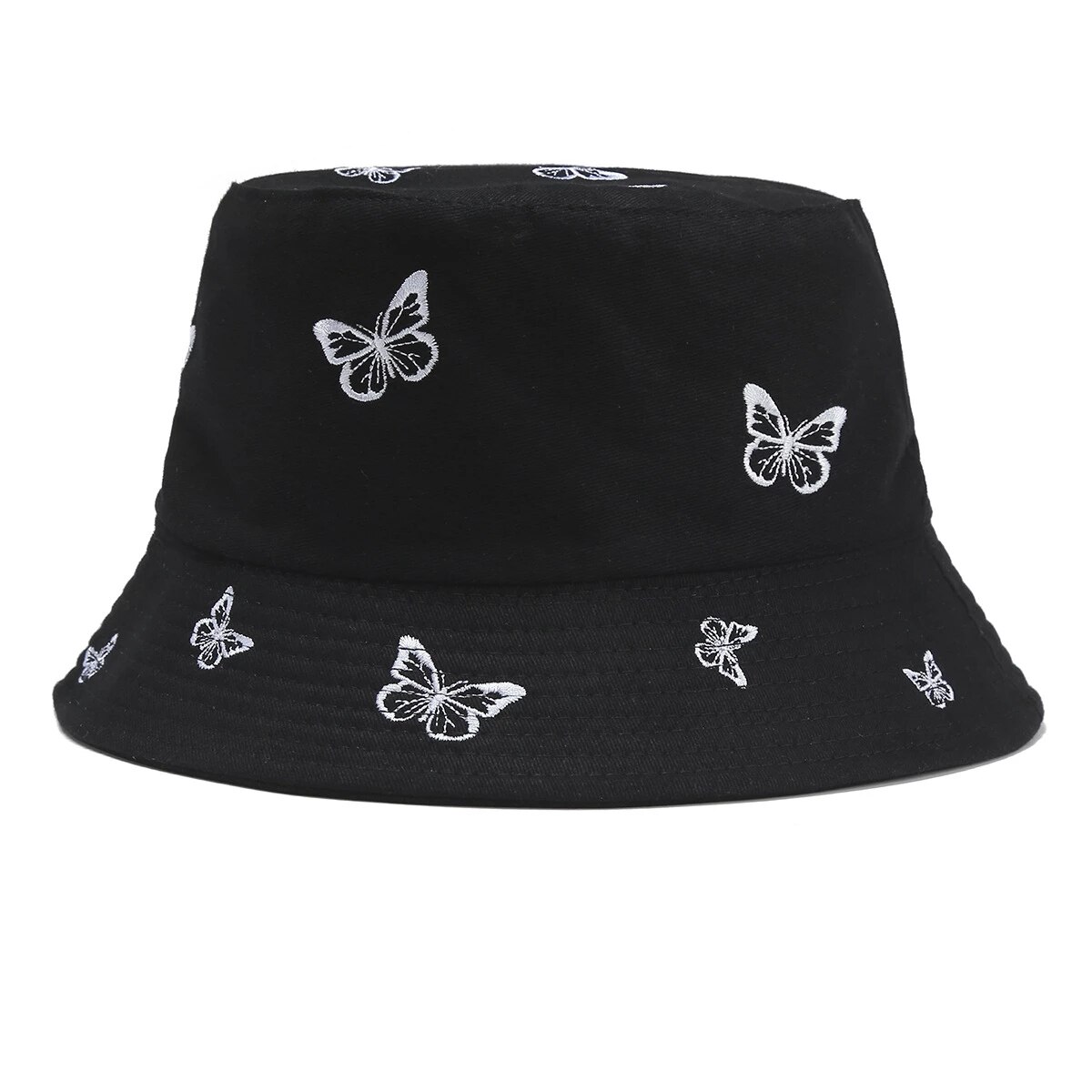 Sombrero de pescador con bordado de mariposa para hombre y mujer, gorra de pescador con bordado de mariposa, doble cara, de algodón, protección solar, 2022: Black
