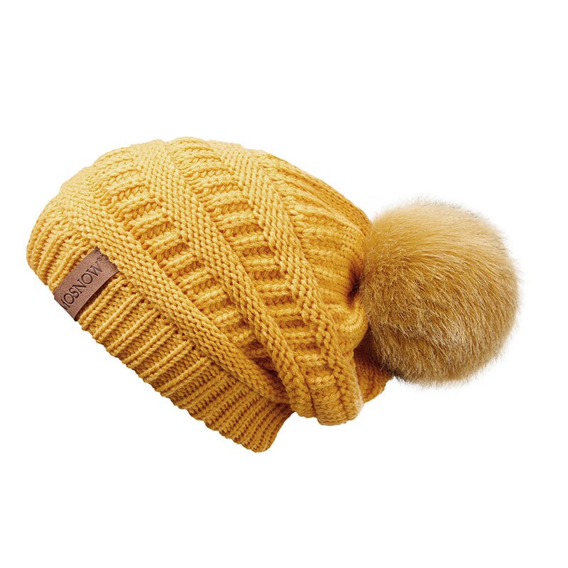 Vinterhue kvinde hue pompon pels pompon hatte skullies afslappet damekasket strikket hue pigehue hunhat: Gul