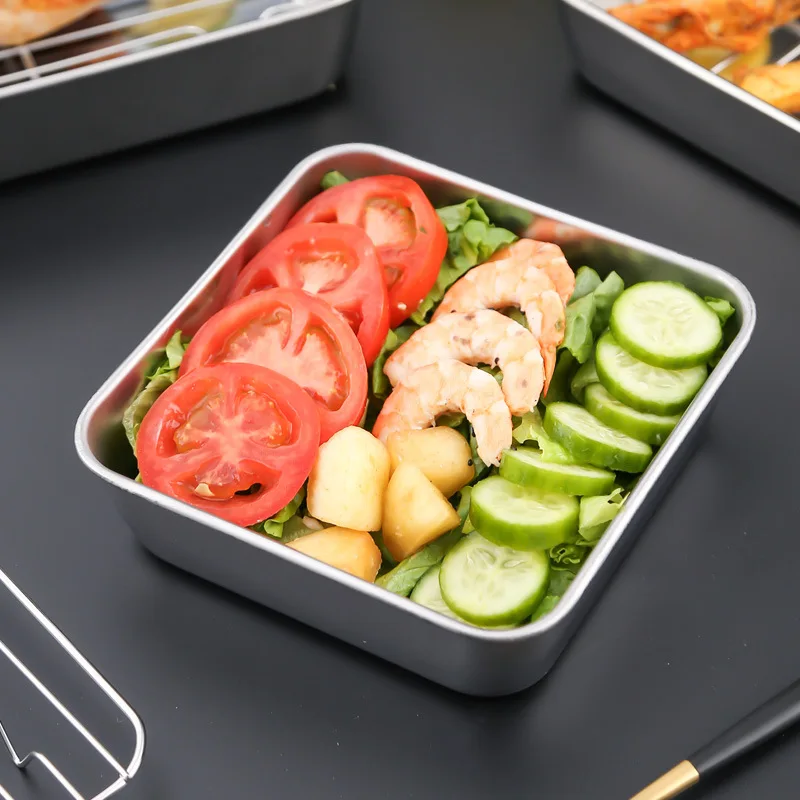 Bandeja cuadrada de acero inoxidable para hornear, bandeja de fondo plano de estilo japonés, bandeja de drenaje para Hotel, caja de mantenimiento fresco con tapa
