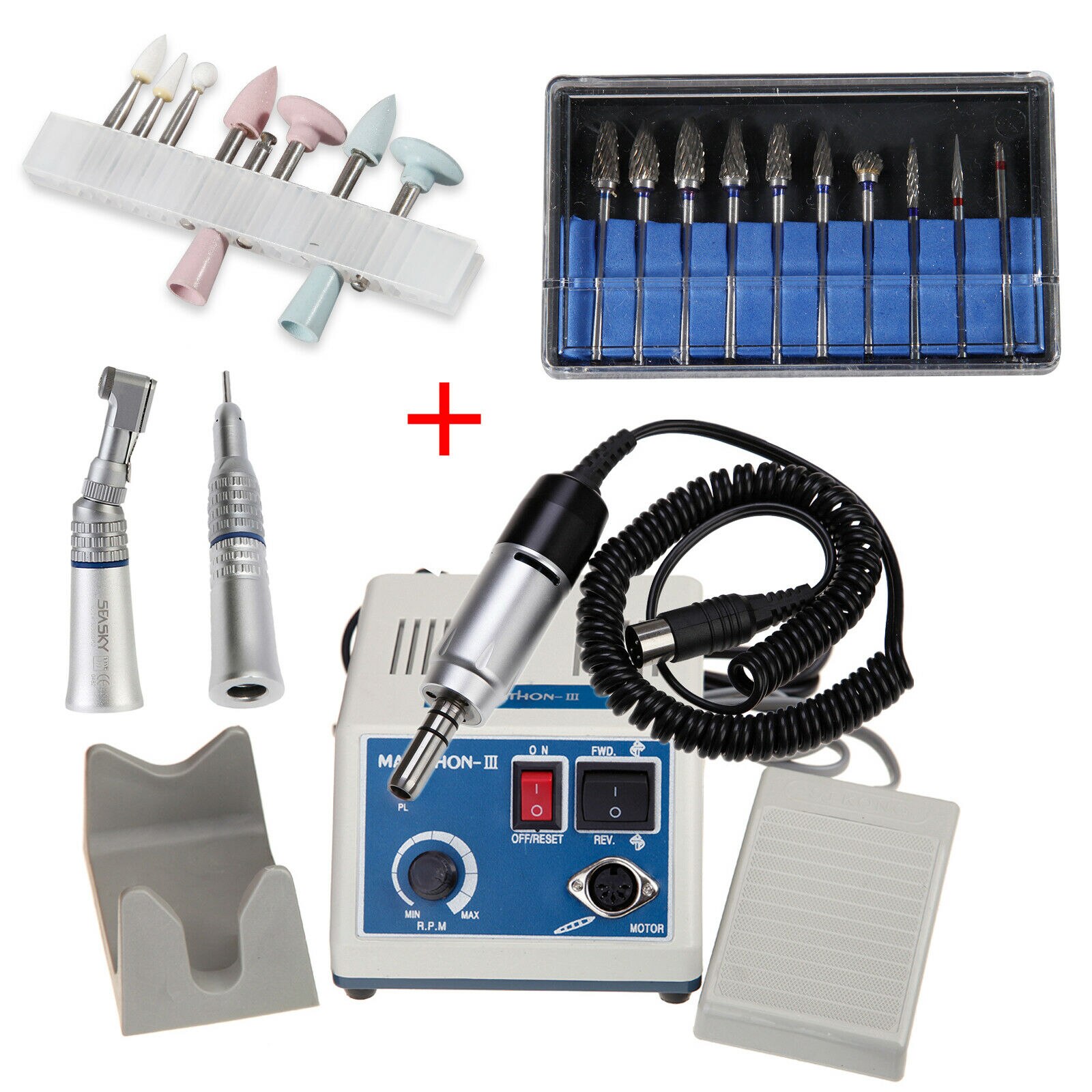Dental Lab Marathon Electric Micromotor Low Speed Contra Angle Straight Handpiece 2.35mm Burs Drills Polishing Kits