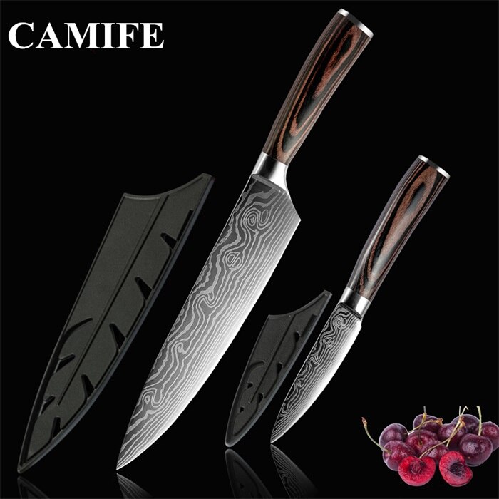 Super 8"inch Utility Chef Knives Imitation Damascus Steel Vein Santoku Kitchen Knives Carving Cleaver Slicing Knife: L.2 Pcs set