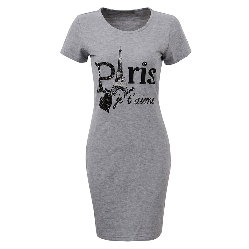 GLO-STORY Women's Casual Streetwear Knitted O-neck T-shirt Mini Dress with Paris Diamond Print 1076