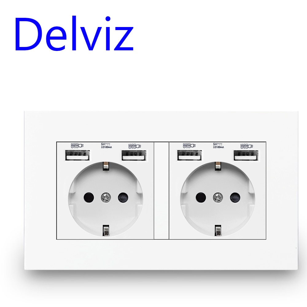 Delviz eu standard usb-kontakt , 16a strømuttak, strømpanel fire usb-grensesnitt tysk type stikkontakt, dobbel ramme vegg 4 usb-uttak: Stikkontakten