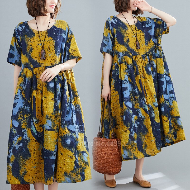 Zomerse traditionele chinese kleding voor vrouwen, etnische print linnen tang-pakjurk, hanfu casual hoge taille gewaad, losse jurken
