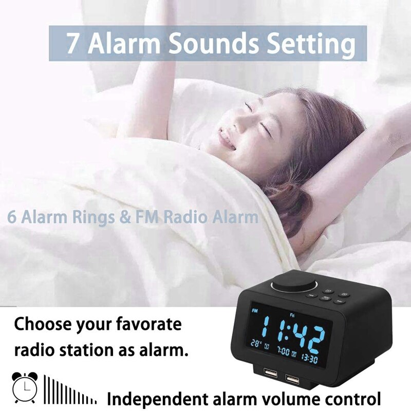 Smart Mute Multifunctional Black Electronic Alarm Clock LED Bedside Bedroom Radio Alarm Clock-EU Plug