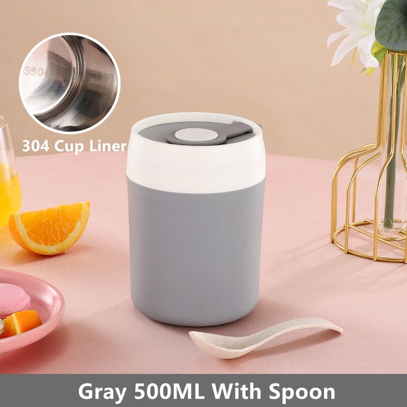304 Stainless Steel Breakfast Cup Milk Oatmeal Insulation Cups Students Work Adult Insulating Soup Leakproof Cup With Spoon Lid: 304 Gray