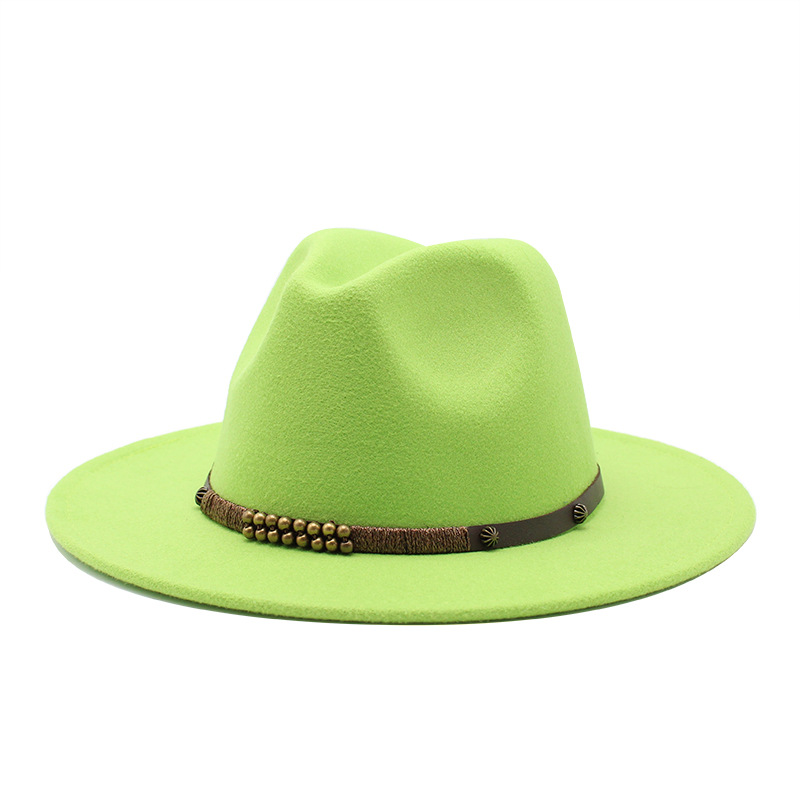 Women Men Wool Vintage Gangster Trilby Felt Fedora Hat Wide Brim Leopard Belt Gentleman Lady Winter Autumn Jazz Cap: fluorescent Green