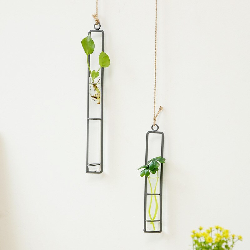 Wanddecoratieve bloemenvaas van ijzer, glas en hydrocultuurpot, transparante hangende bloemenfles, huisdecoratie
