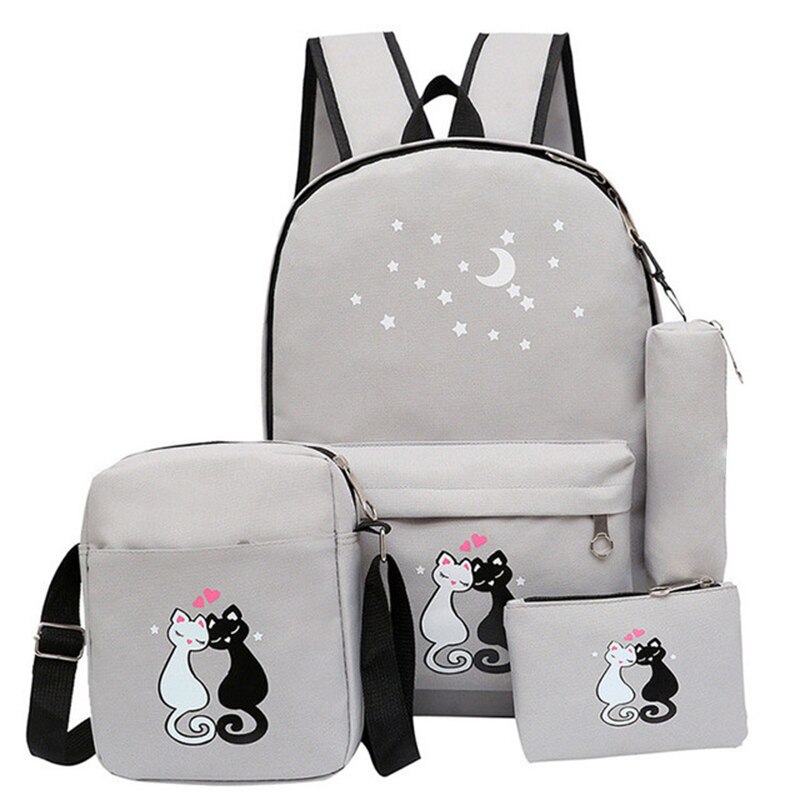 4 sæt skoletasker barn skole rygsække til teenagepiger søde kat tegneserie rygsæk børn taske lærred skoletaske: Grå