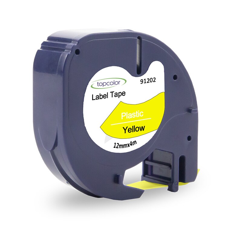 Topcolor-cintas de etiquetas para impresora dymo 91202, pegatinas de plástico, negro sobre amarillo, 12mm, para LetraTag Plus, LT-100T, LT-110H, 2000, XM, 6PK