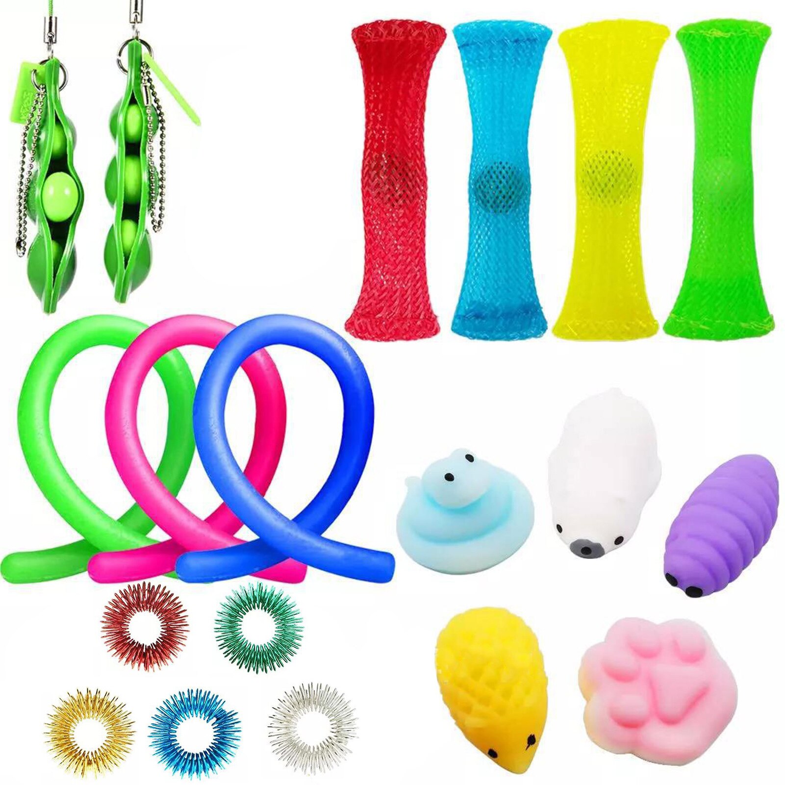 20Pcs Fidget Zintuiglijke Decompressie Speelgoed Set Pop Bubble Fidget Zintuiglijke Squeeze Bonen Sleutelhanger Stress Relief Speelgoed Voor Kinderen Volwassenen