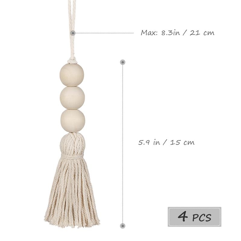 Adorno de cuentas de madera con borlas, tirador de puerta decorativo de algodón, colgante de cuentas con borlas para armario y porche, 4 Uds.