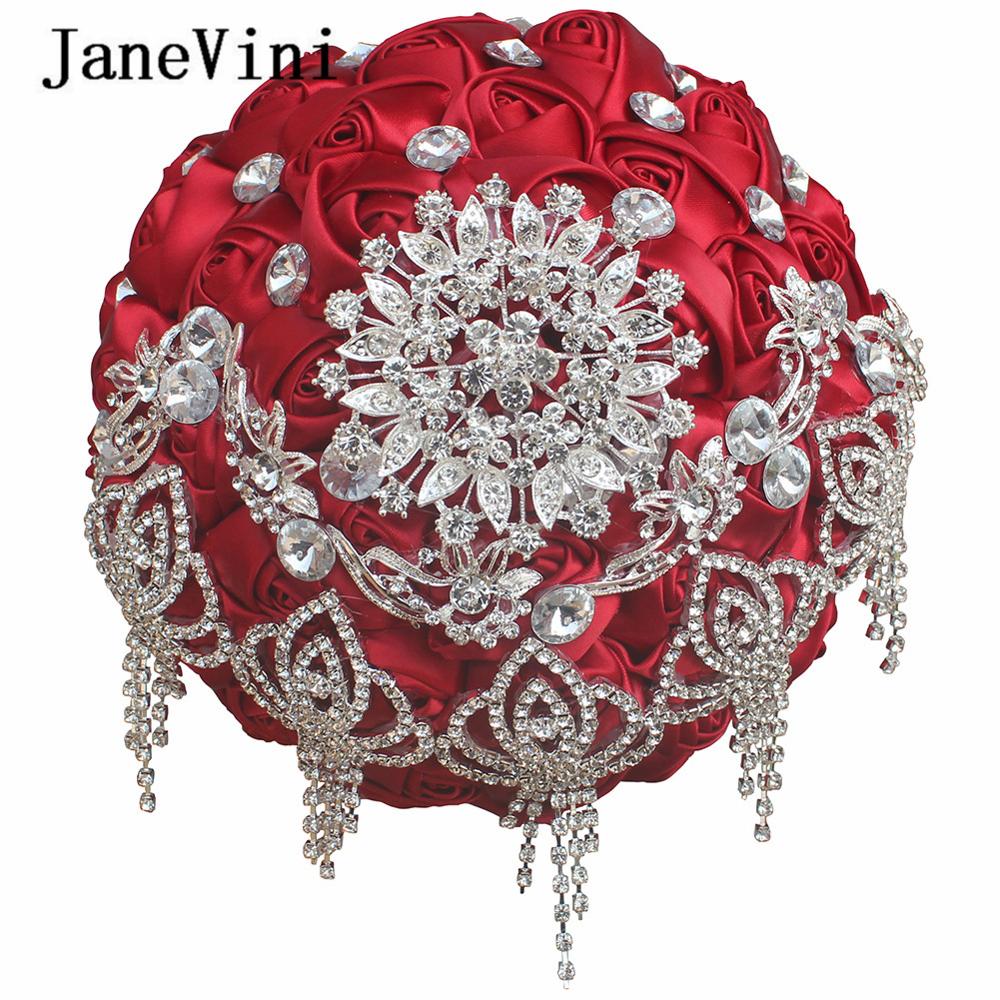 JaneVini Luxus Rot Hochzeit Bouquet Strass Kristall Künstliche Satin Rosen Braut Blumenstrauß Blumen Halten Hochzeit Zubehör