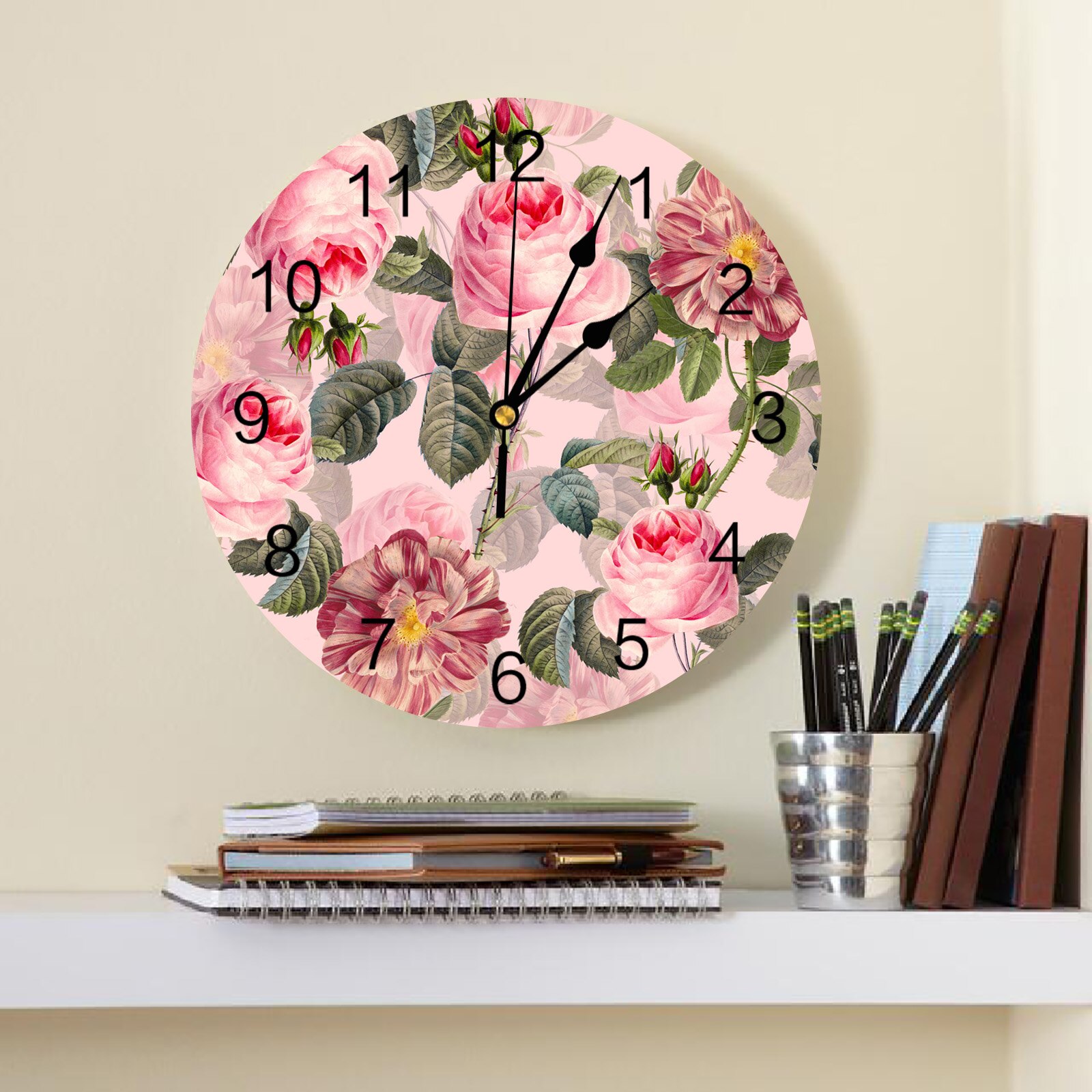 Pink Rose Flower PVC Wall Clock Living Room Decora... – Grandado