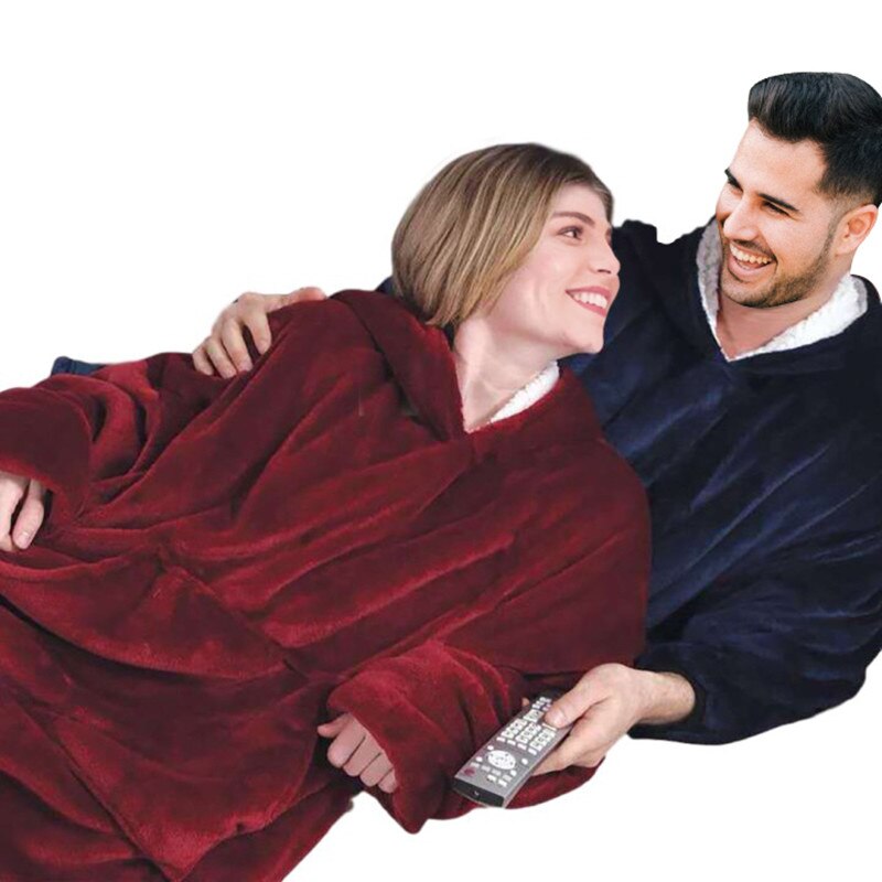 Winter Sherpa Blanket With Sleeves Outdoor Hooded Pocket Blankets Warm Soft Hoodie Slant Robe Bathrobe Blanket Sweatshirt