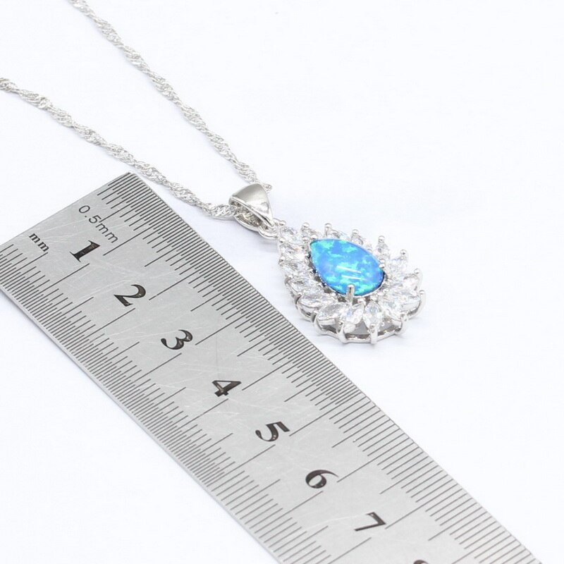 Conjuntos de joyas de boda de color plata con ópalo azul pera para mujer, collar, colgante, pendientes, anillos, pulseras de cristal azul cielo