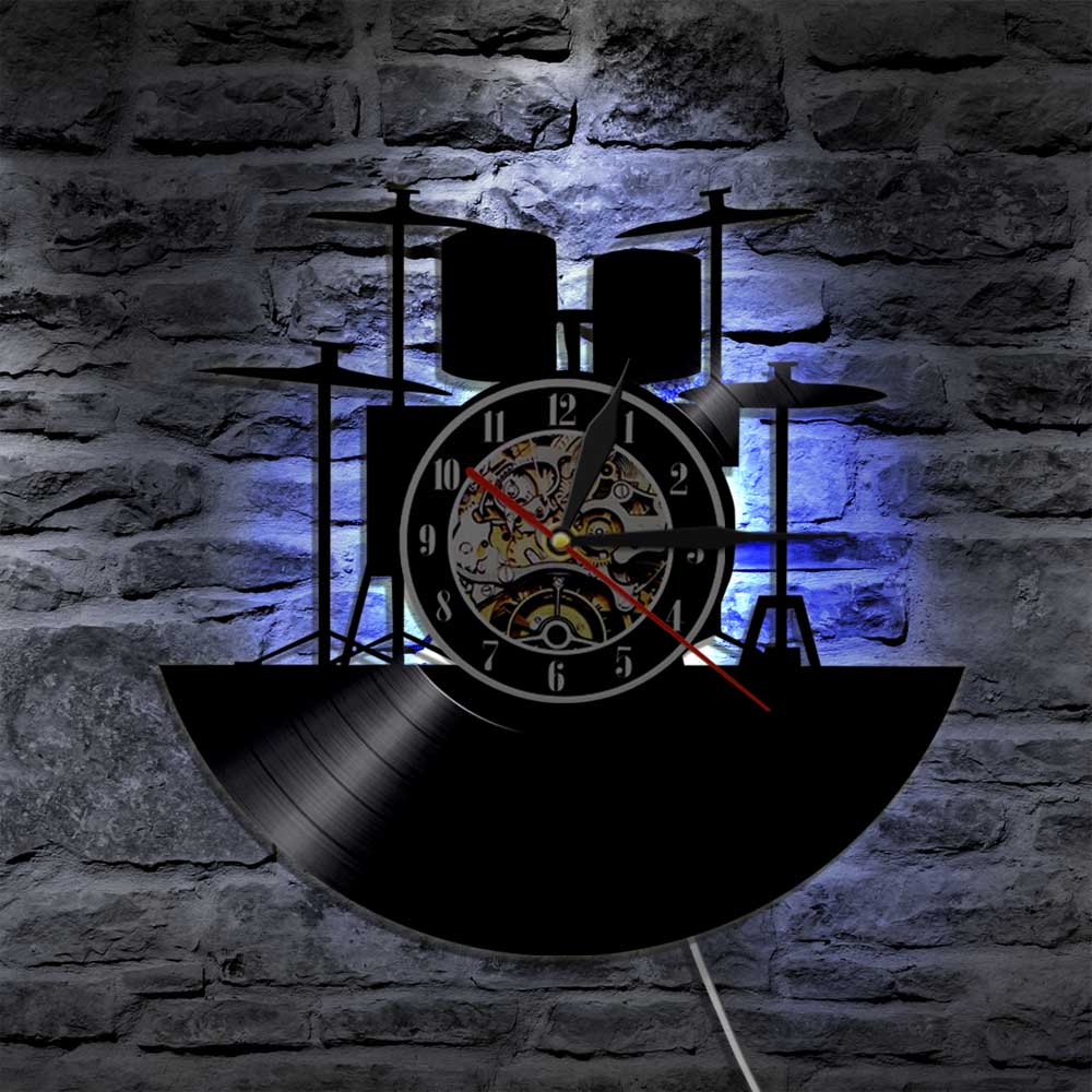 1 stück Trommel Bausatz Vinyl Uhr Wanduhr Drumkit LED Licht Felsen N rollen Jahrgang Moderne Wohnkultur Handgemachtes für Musik Liebhaber