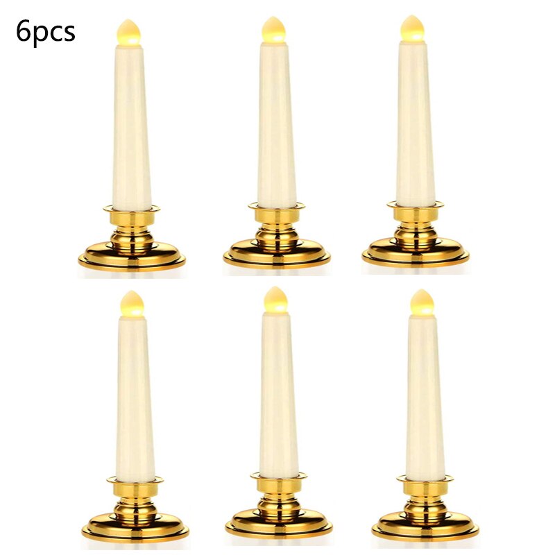 LED fenêtre bougie lumières à piles sans flamme bougies coniques avec Bases veilleuse pour fête mariage saint valentin maison déco: 6pcs Gold Base