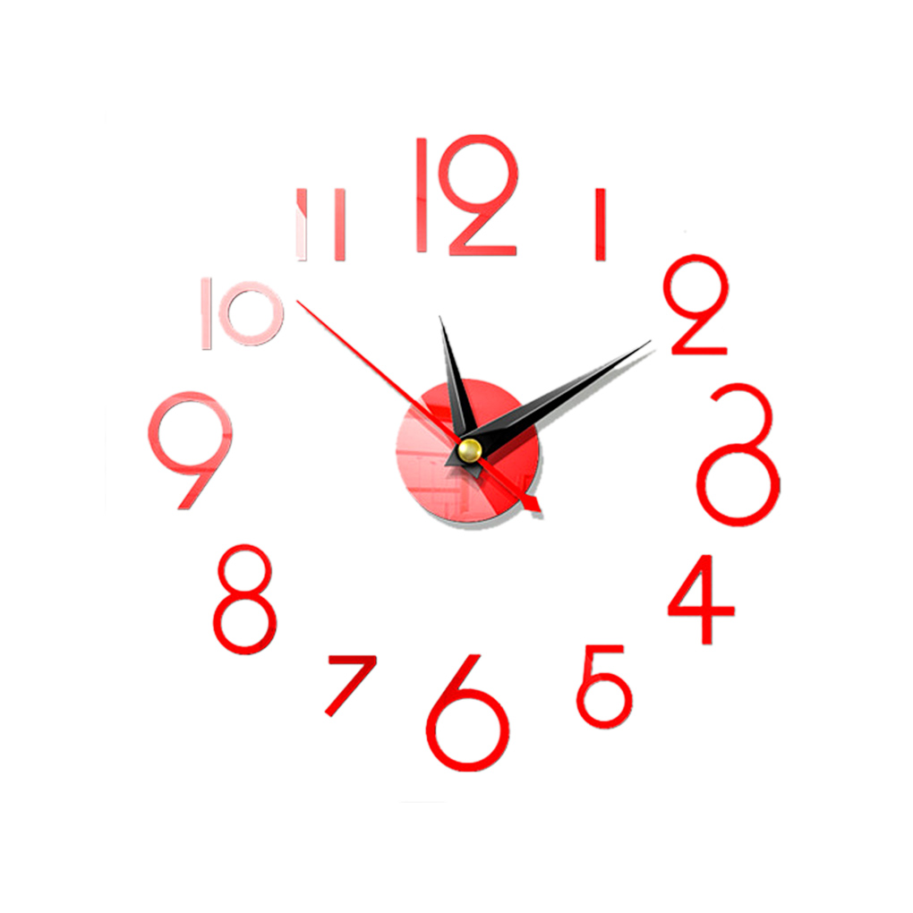 Wall Clock Sticker 3D DIY Hanging Clock Decal Self Adhesive Decoration Wallclock Sticker, Red: Red