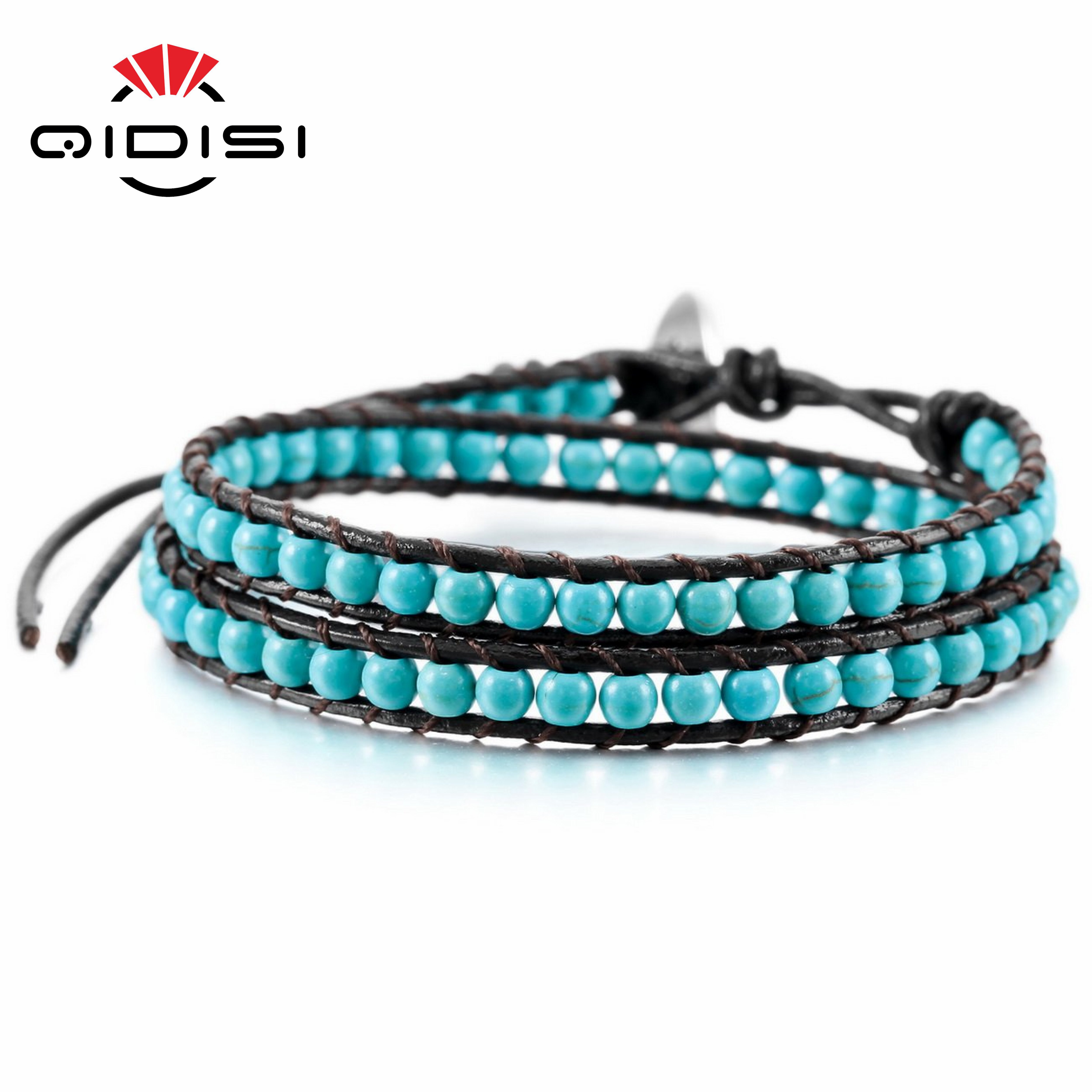 Stone Leather Bracelet Bangle Cuff Rope Bead 2 Wrap Charm Bracelets Bangles Female Statement Jewelry Party: Blue