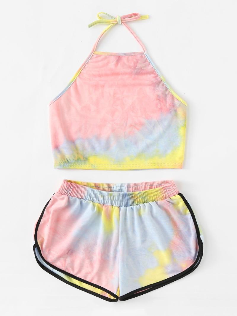 Deux pièces femmes ensembles Sexy à lacets cravate colorant imprimé hauts courts et élastique taille dégradé imprimé court costume ensembles WDC4428: Pink / M