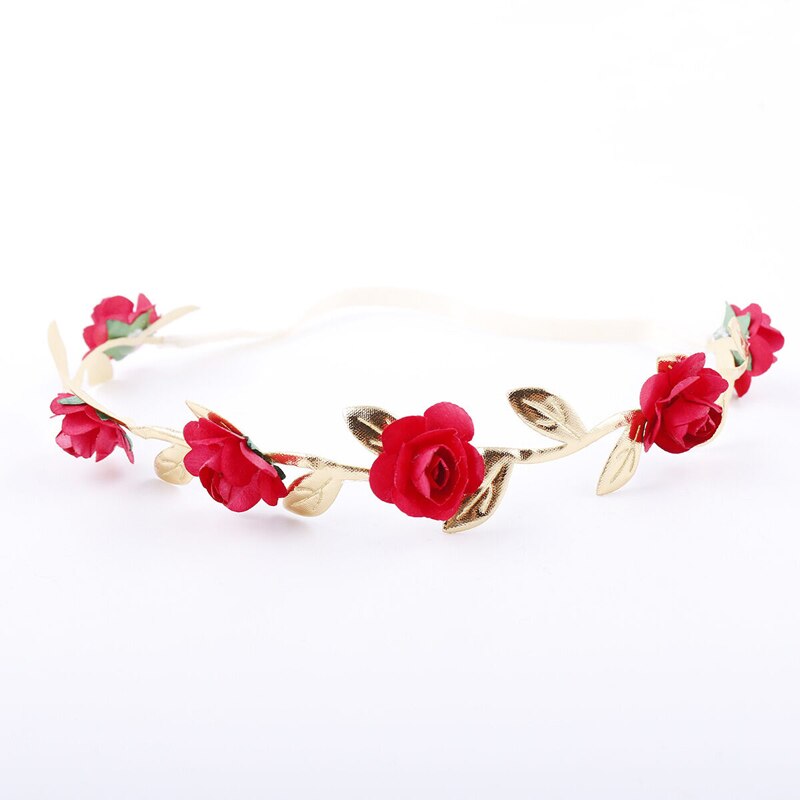 1pc Crown Headband Baby Girl Kids Garlands Gold Leaves Hair Band Rose Flower Wreath: Red