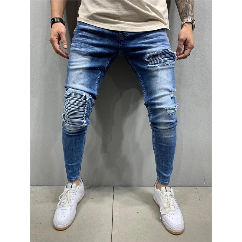 Dünne Zerrissene Jeans Männer lässig schlank passen Herren Falten Jeans Homme Motor- Radfahrer Hüfte hüpfen Denim Hosen Hosen Pantalones HEIßER